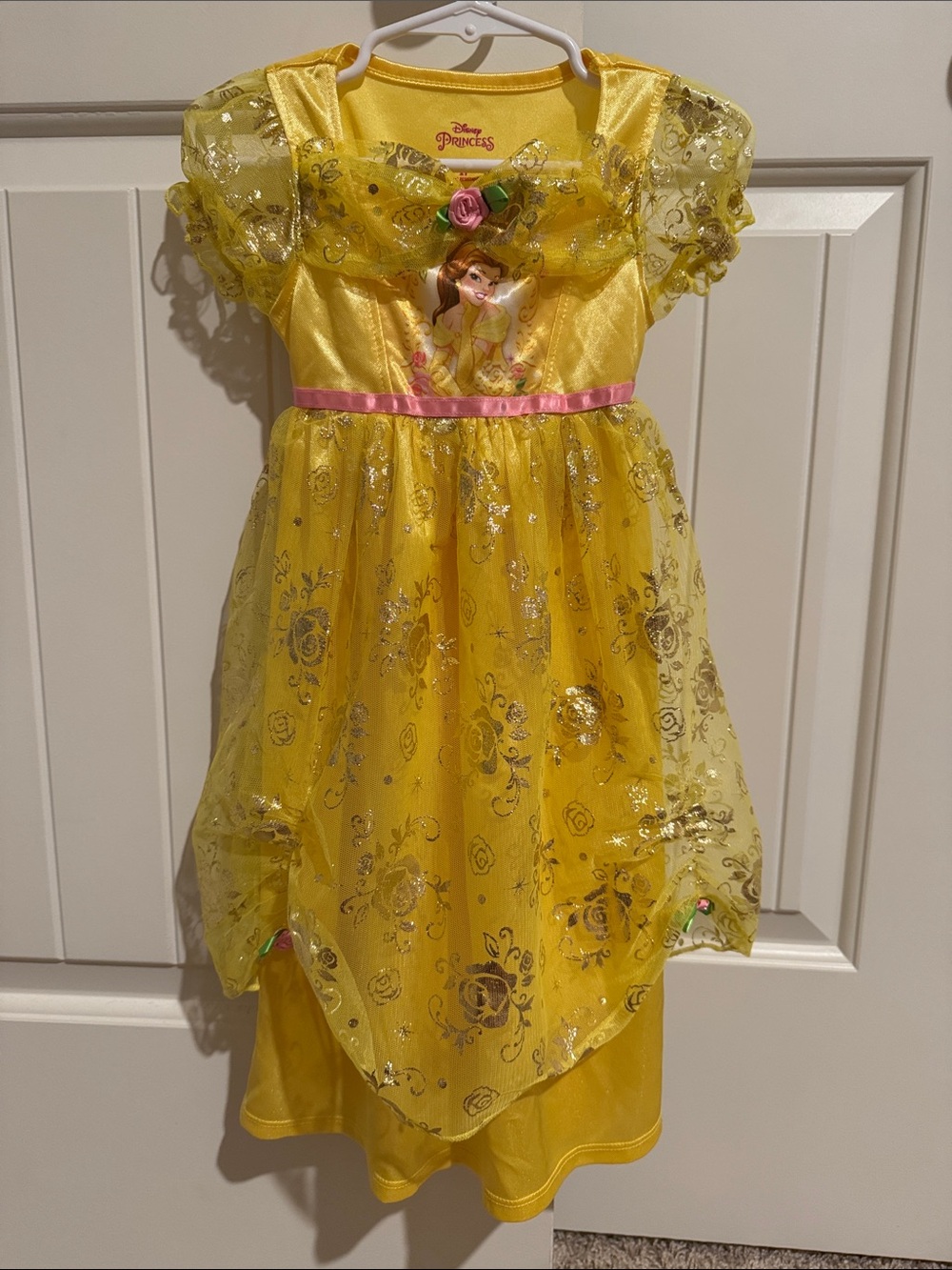 Disney Yellow Belle Glitter Princess Dress with Pink Ribbon